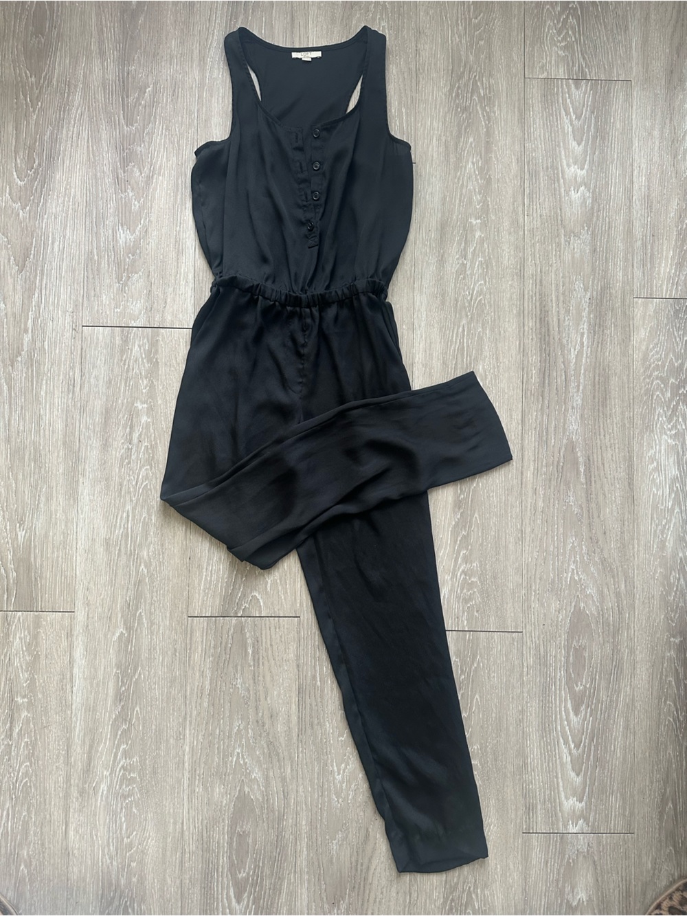 LOFT Black Satin Jumpsuit with Elastic Waist